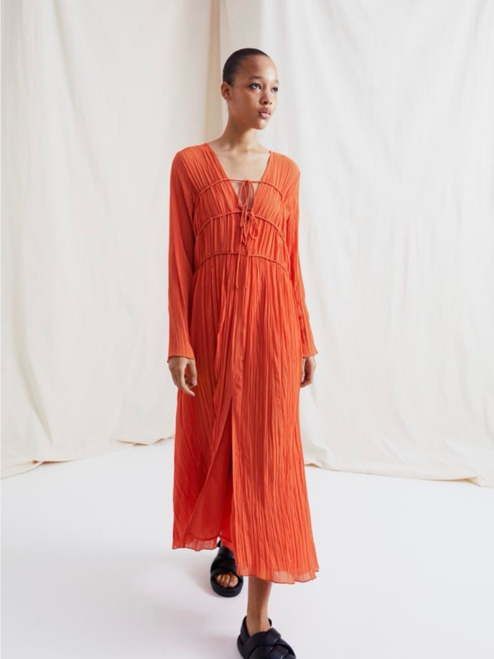 H&M Crinkled Chiffon Tie-Front Maxi Dress in Peach-Orange